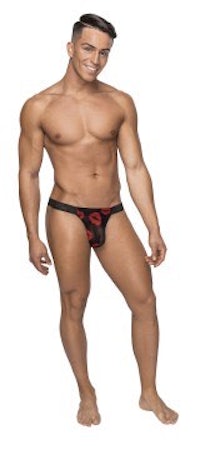 a male model wearing a black and red thong