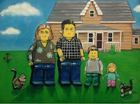 a painting of a family in front of a house