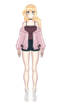 a girl wearing a pink jacket and shorts