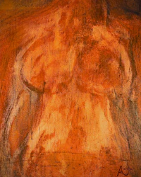 an orange painting of a woman's body