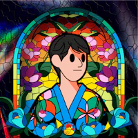 a stained glass window with a man in a blue kimono