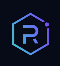 a hexagonal logo with the letter r