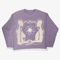 a purple sweater with an image of two people and an atomic symbol on it
