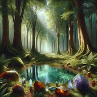 a painting of a forest with rocks and crystals