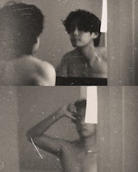 two photos of a man looking at himself in the mirror