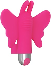 a pink butterfly shaped sex toy on a white background