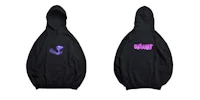 a black hoodie with purple letters on it