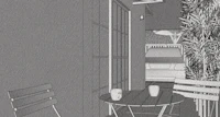 a black and white drawing of a patio with a table and chairs