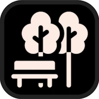 a black and white icon with two trees and a bench