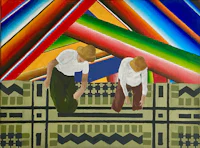 a painting of two men working on a rug