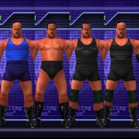 four wrestlers standing in front of a purple screen