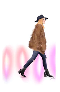 a drawing of a woman walking in a fur coat