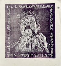 a drawing of a man with a knife in his mouth