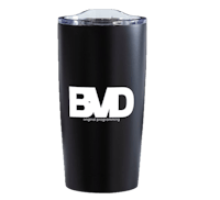 a black tumbler with the word bvd on it