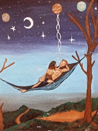 a painting of a couple in a hammock