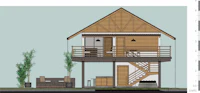 a drawing of a small house with stairs and a balcony