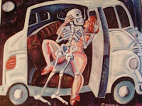 a painting of a woman and skeleton in a car