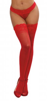 a woman in red thigh high stockings