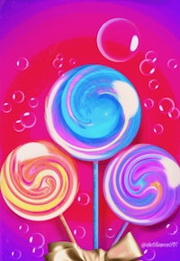 three colorful lollipops on a pink background
