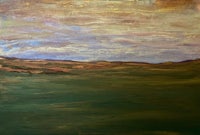 an oil painting of a green field with a blue sky