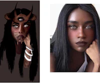 two pictures of a woman with long hair and horns