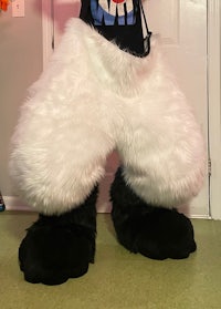 a black and white mascot posing in front of a door