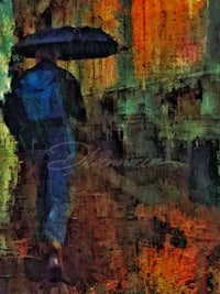 an abstract painting of a man walking with an umbrella