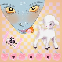 a girl is holding a sheep and a bunch of other things