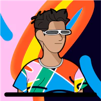 a cartoon of a man with glasses and a colorful background