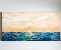 an oil painting of a sunset over the ocean