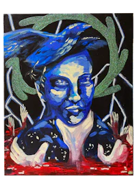 a painting of a man with a blue crow on his head