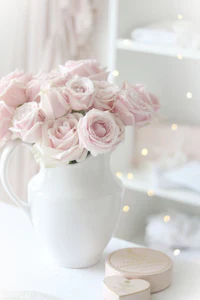 pink roses in a white vase on a table