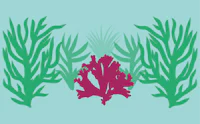 a green seaweed and a red coral on a blue background