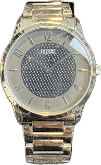 a men's silver watch with a black dial