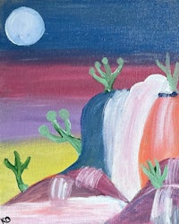 a painting of a desert scene with cactus plants and a full moon