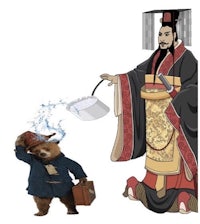 a cartoon of a bear and a chinese man