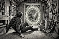 a man sitting on the floor in front of a circular door