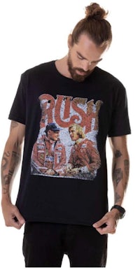 a man wearing a black t - shirt with a picture of a man and a woman
