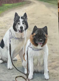 a painting of two dogs on a leash