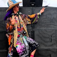 a man wearing a colorful hat