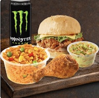 a monster energy burger, fries and a soda