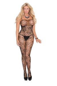 a woman wearing a black lace bodystocking