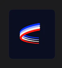 a logo with a red, blue, and white flag on a black background