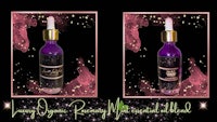 two pictures of a bottle of purple liquid with stars on it