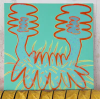 a blue and orange painting on a yellow background