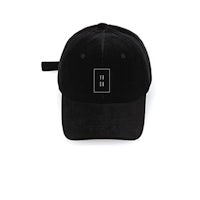 a black baseball cap with a logo on it