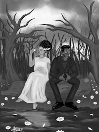 a black and white drawing of a man and woman sitting in the woods