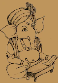 a drawing of a ganesha sitting at a table