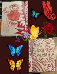 a notebook with a drawing of butterflies and a rose