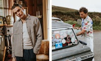 two pictures of a man standing next to a car with stickers on it